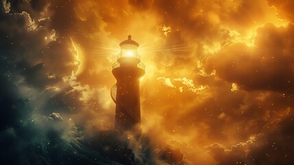 Obraz premium Lighthouse Beacon Shining Through Stormy Clouds.