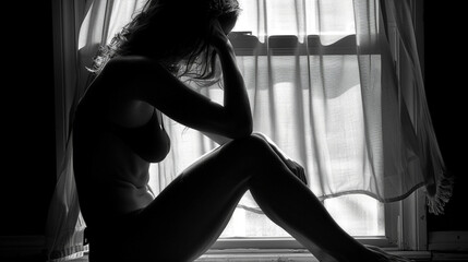 solitary woman sits in shadow, embodying deep emotional struggles. Her posture and the play of light and shadow evoke themes of depression and introspection, highlighting social isolation