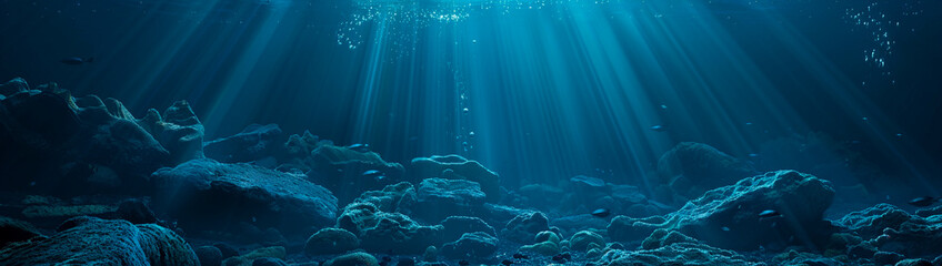 Dark blue ocean floor with rocks, underwater background scene with sunlight filtering through the water, sea life in shades of blue