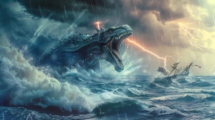 Obraz premium Giant lizard monsters rampage in the rough seas