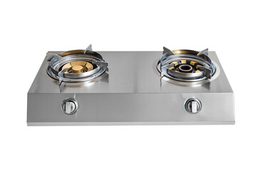a modern stainless steel gas stove with two burners, photographed against a clean white background.