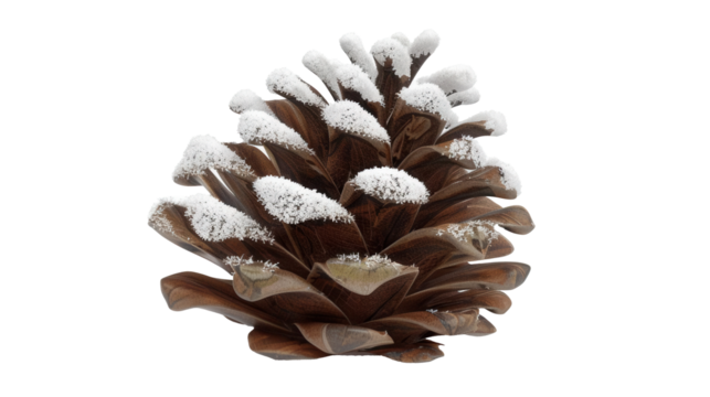A realistic pine cone dusted with snow  on transparent background