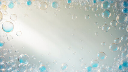 Iridescent Soap Bubbles Floating Against a Soft Blue Background
