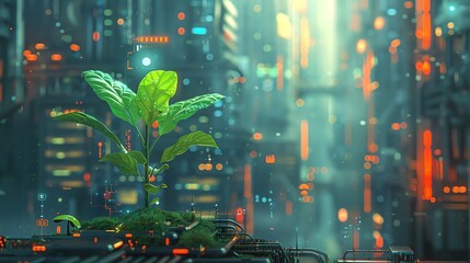 Green sprout growing in futuristic cityscape.