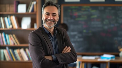 Fototapeta premium Friendly Male Teacher with Arms Crossed in Classroom Library Setting, Ideal for Educational Content, Website Banners, Promotional Material