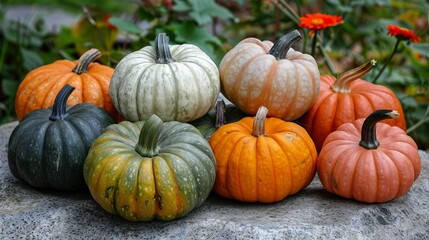 Obraz premium Variety of colorful pumpkins in a garden