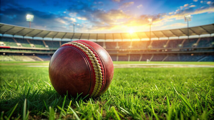 A worn cricket ball rests on a lush green grassy field with a blurred stadium background, showcasing the essence of the popular summer sport.