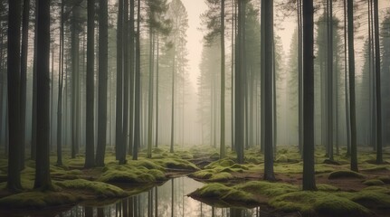Fototapeta premium Serene forest landscape with tall, misty trees and a tranquil stream running through a green moss-covered forest floor.