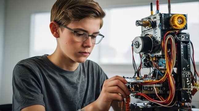Young boy working on a robot, focusing intently. Demonstrating STEM education, engineering and robotics interests. - Powered by Adobe