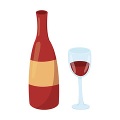 Vector illustration of a wine bottle and glass. Image of a red strong drink with a filled glass isolated on a white background. Colored logo.