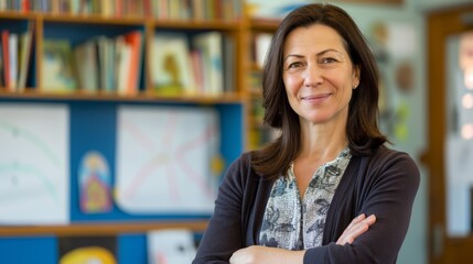 Middle Aged Female British Teacher in Classroom with Books and Educational Posters, Concept of Education and Teaching, School Environment