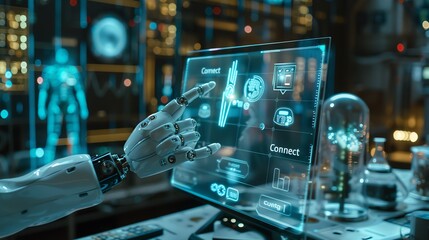 Futuristic robotic arm interacting with a digital interface.