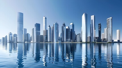 Fototapeta premium Sleek Cityscape with Towering Skyscrapers Reflecting in Water, Symbolizing Urban Development and Corporate Growth