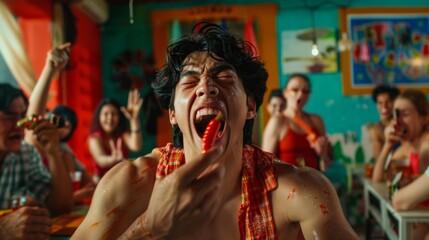The Mexican holiday of Cinco de Mayo. Eating hot pepper.