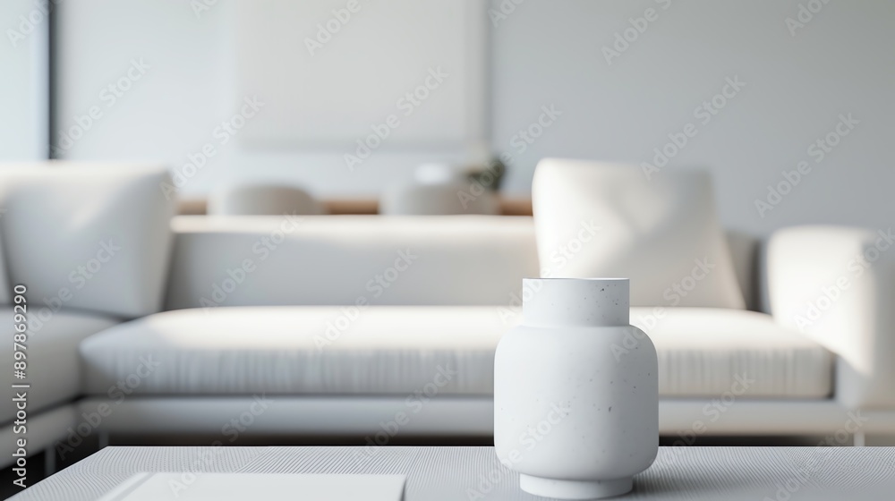 Poster a minimalist interior featuring a white vase on a table in front of a modern sofa, creating a serene