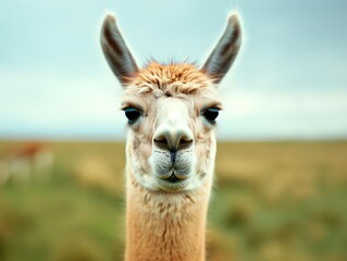 Obraz premium A close-up of a llama's face showcasing its unique features and expression, set against a serene landscape.