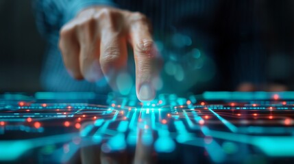 A hand interacts with a digital interface, showcasing vibrant technology and data visualization in a modern environment.