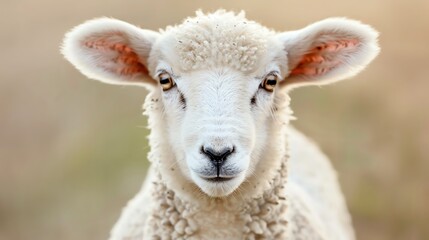 Close-up of a fluffy lamb with big eyes and soft wool, showcasing its curious and gentle nature in a serene setting.