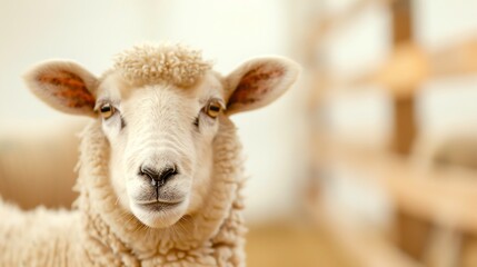 Obraz premium Close-up of a sheep showcasing its woolly texture and curious gaze, perfect for agriculture, farm, and animal-themed projects.