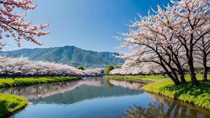 A serene landscape with blooming cherry blossoms under the clear blue sky
