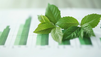 Fresh green leaves on a financial graph represent growth and sustainability in nature and business.