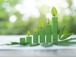 A bar chart made of green blocks with leaves on top, representing growth and sustainability. The background features a blurred natural environment.