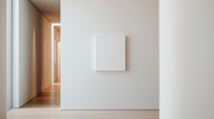 Minimalist hallway featuring clean lines, soft lighting, and a blank canvas, perfect for modern architectural designs.