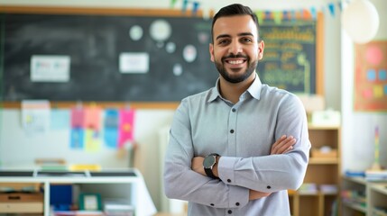 Confident Male Middle Eastern School Teacher Smiling in Classroom Education, Diversity, and Confidence