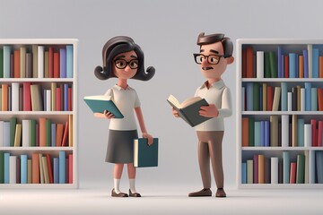 Male and female librarians characters with books and reading glasses. Cartoon 3D illustration set of man and woman organizing a library, generated by ai