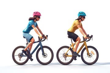 Fototapeta premium Male and female cyclists characters with bicycles and helmets. Cartoon 3D illustration set of man and woman riding bike, generated by ai