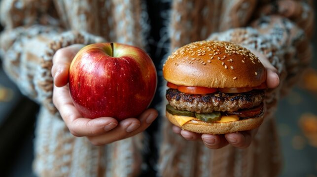You're holding an apple in one hand and a hamburger in the other. Healthy, natural, organic, fresh vegetarian food compared to unhealthy meat processed in fast food. Proper nutrition, lifestyle.