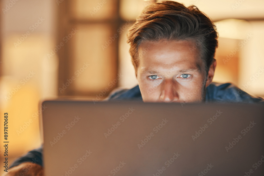 Aufkleber laptop, night and business man reading email for project, research information and deadline. compute