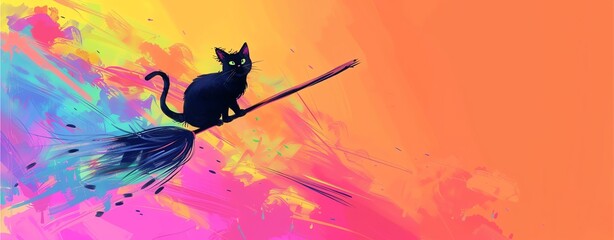 An illustration colorful background of a black cat on a broom.