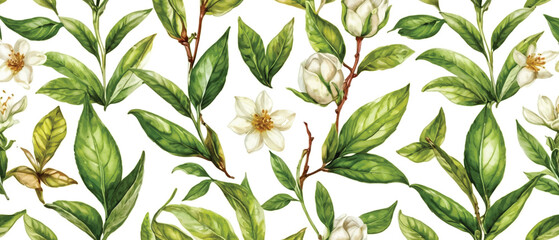 Fototapeta premium Tea leaves and flower pattern background4