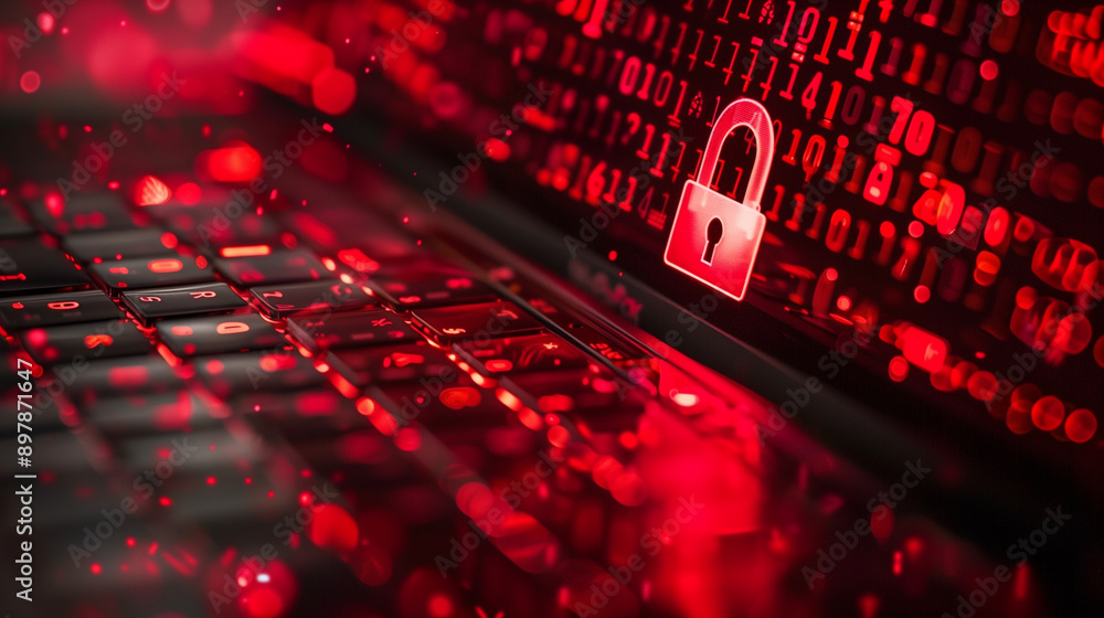 Poster data security breach digital system hacked internet cyber attack alert with red padlock virtual disp