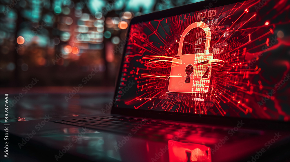 Poster data security breach digital system hacked internet cyber attack alert with red padlock virtual disp