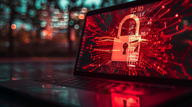 data security breach digital system hacked internet cyber attack alert with red padlock virtual display over a laptop - Powered by Adobe