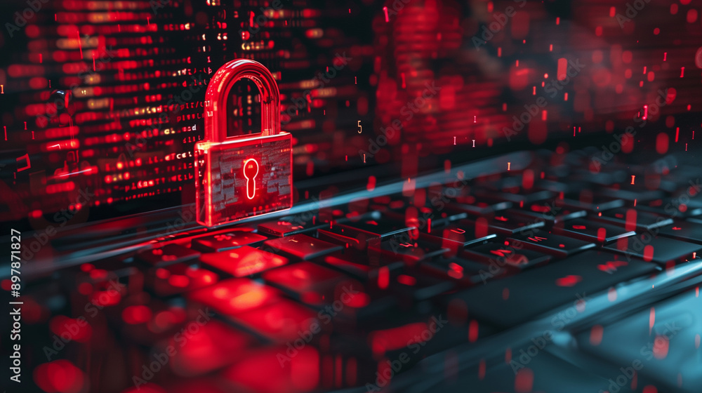 Poster data security breach digital system hacked internet cyber attack alert with red padlock virtual disp