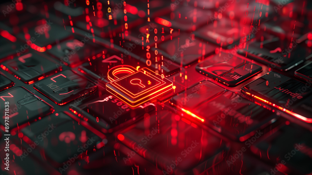 Poster data security breach digital system hacked internet cyber attack alert with red padlock virtual disp