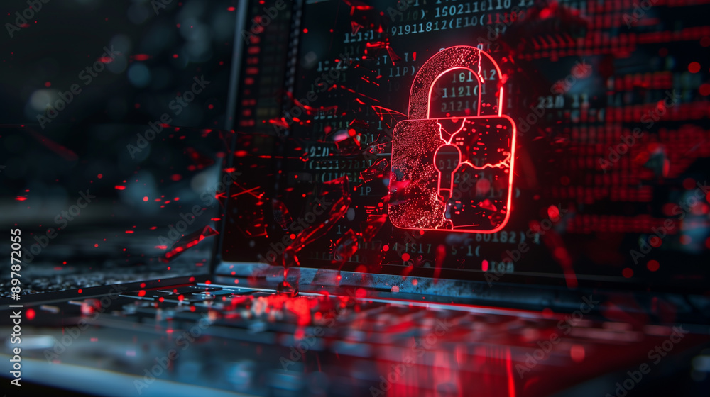 Poster data security breach digital system hacked internet cyber attack alert with red padlock virtual disp