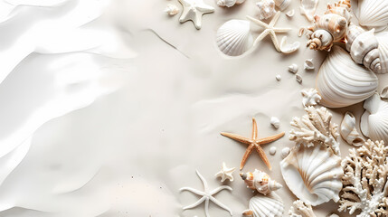 Seashells, starfish, and coral arranged on a sandy beach background with soft lighting and a serene coastal vibe.