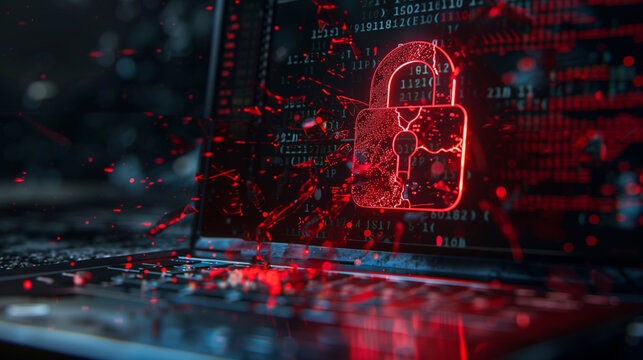 data security breach digital system hacked internet cyber attack alert with red padlock virtual display over a laptop