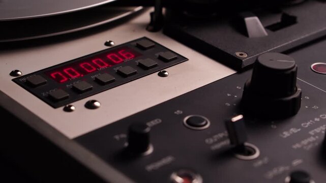 Starting Playback or Recording on Reel to Reel Audio Tape, Professional Magnetophone Time Counter, Close Up