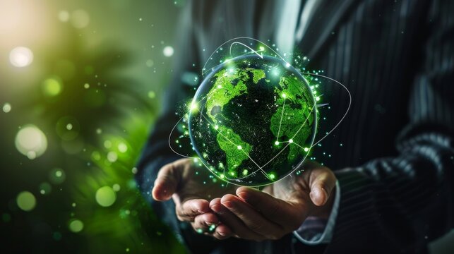Businessman with Green planet. Renewable energy and efficency concept, Save Environment, Earth day, Worldwide network, internet, Business world concept