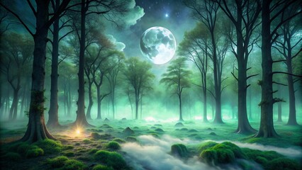 A haunted forest scene shrouded in dense fog, with tendrils of green smoke snaking through the trees. The ground emits a ghostly glow, adding to the air of mystery and danger in the dark.