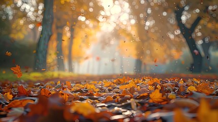 Autumn Garden Fallen Leaf Landscape Painting, Autumn Sunshine, Leaves Falling, Colorful Leaves and Paths Leading to the Distance
