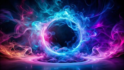 An abstract representation of a neon aura surrounded by swirling smoke. The smoke transitions from blue to purple, creating a captivating and mysterious effect against the dark, smoky background.