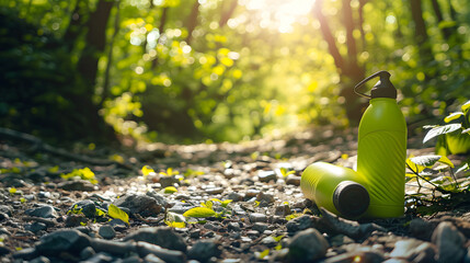 Two green reusable bottles on a sunlit forest trail symbolize environmental awareness and highlight concerns about littering in nature, emphasizing the importance of conservation