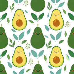 Seamless pattern of cute Avocado, white background