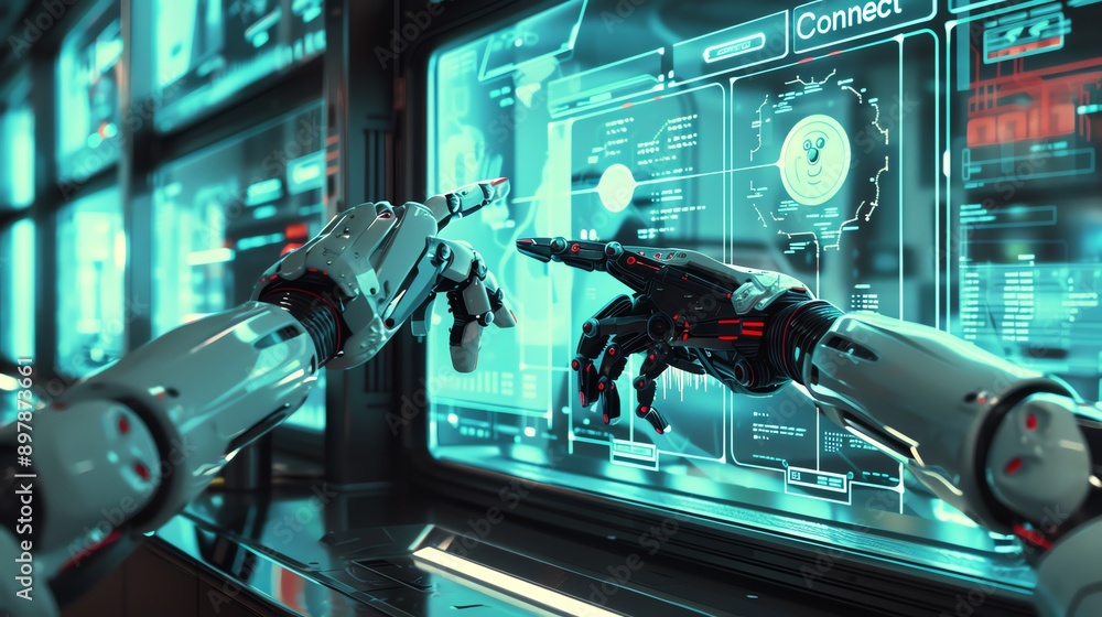 Poster Futuristic robotic hands interacting with a digital interface.